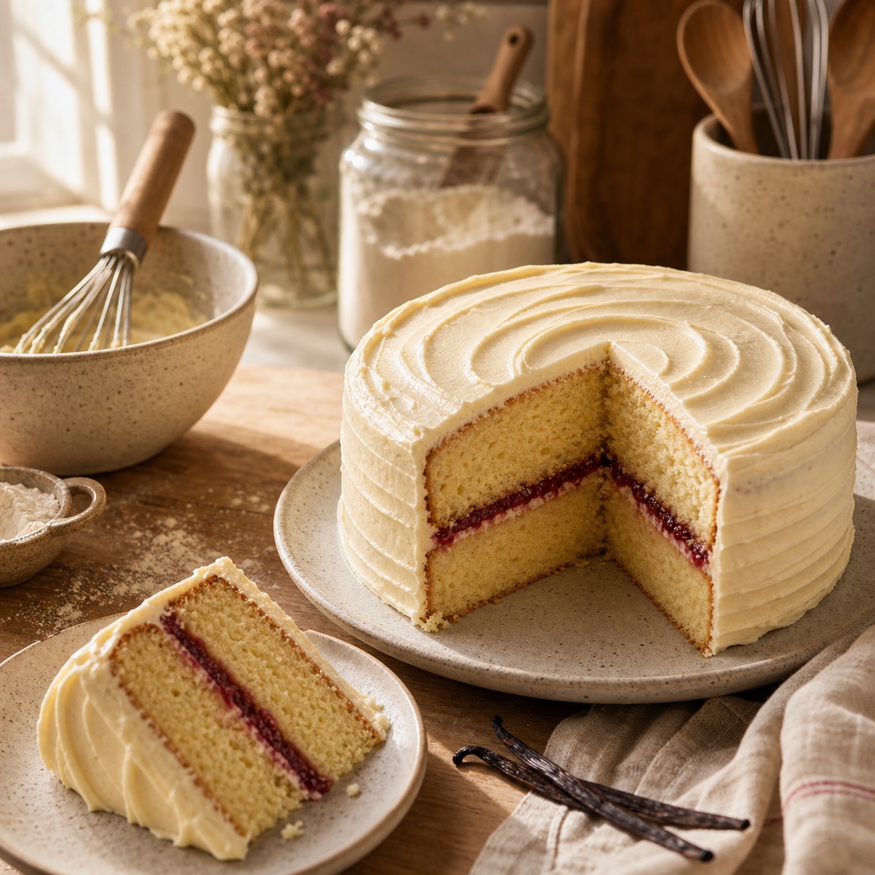 Vanilla layer cake with raspberry filling