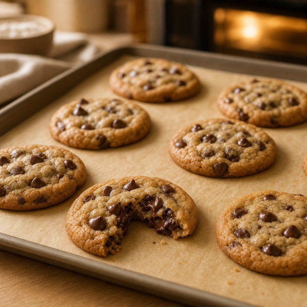 Chocolate chip cookies ready to pull from the oven