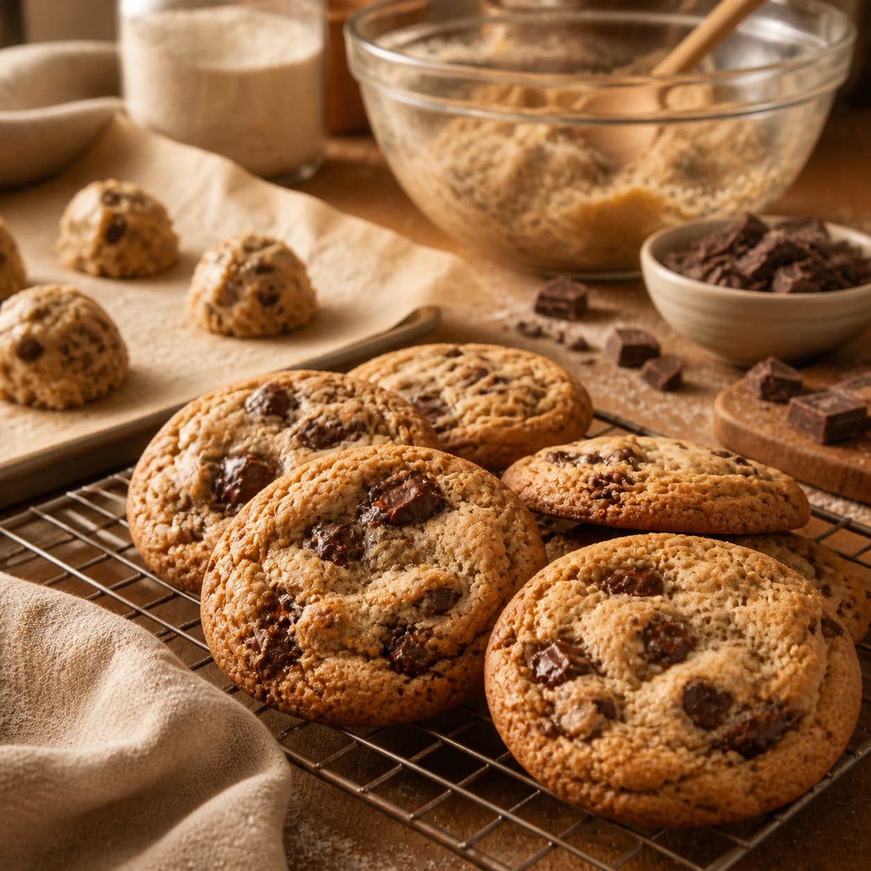 Chocolate chip cookies cooling on a rack