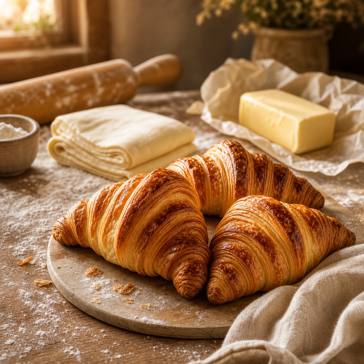 Flaky croissants on a baking table