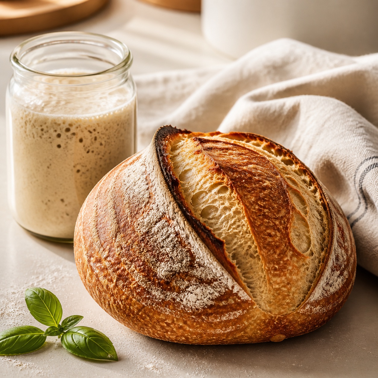 Crusty sourdough loaf with active starter